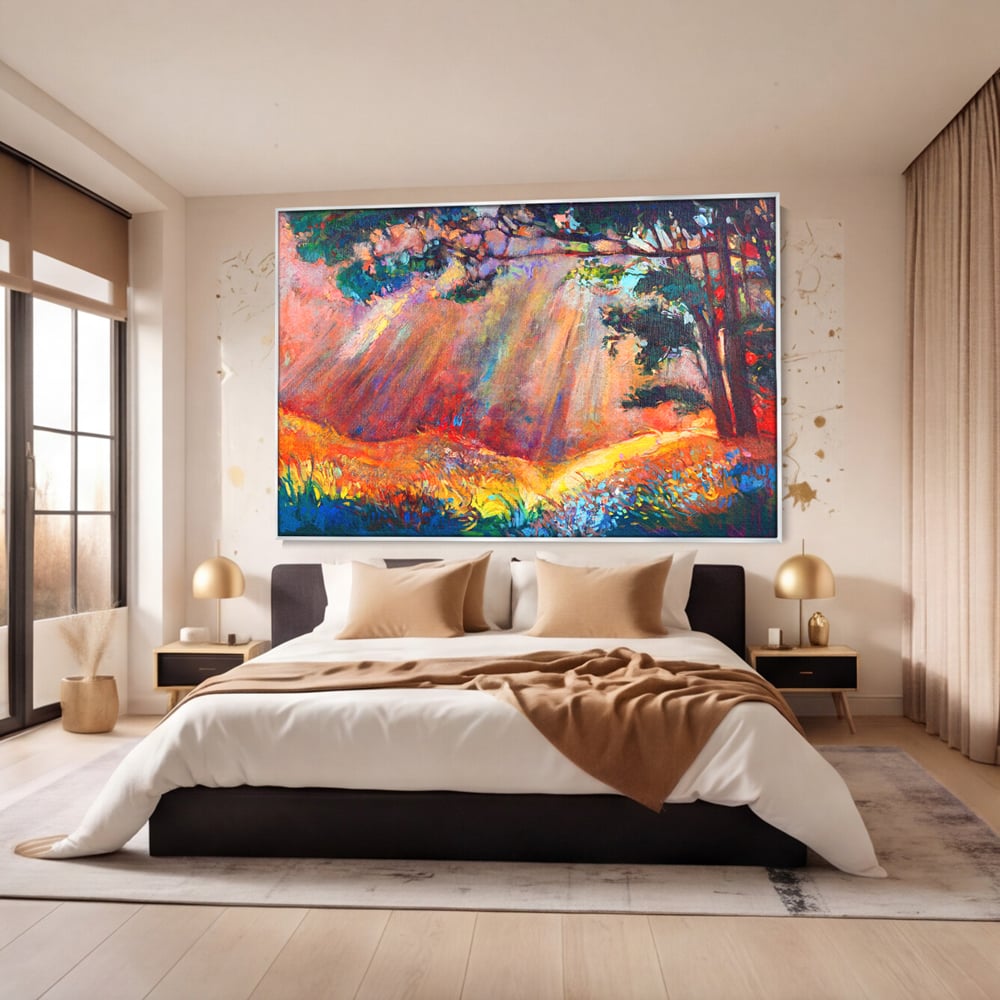 Tablou canvas cu tablou pictura cu padure si raze de soare, in rama de aluminiu argintiu, pe perete intr-un dormitor